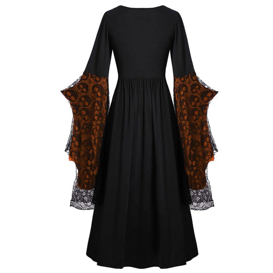 Womens Gothic Dress plus Size Flare Sleeve Dress Skull Lace Print Steampunk Dresses Cocktail Dresses Flowy Goth Corset Dress Maxi Wedding Guest Dresses Fall Savings
