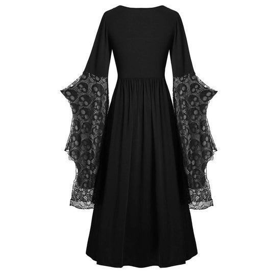Womens Gothic Dress plus Size Flare Sleeve Dress Skull Lace Print Steampunk Dresses Cocktail Dresses Flowy Goth Corset Dress Maxi Wedding Guest Dresses Fall Savings