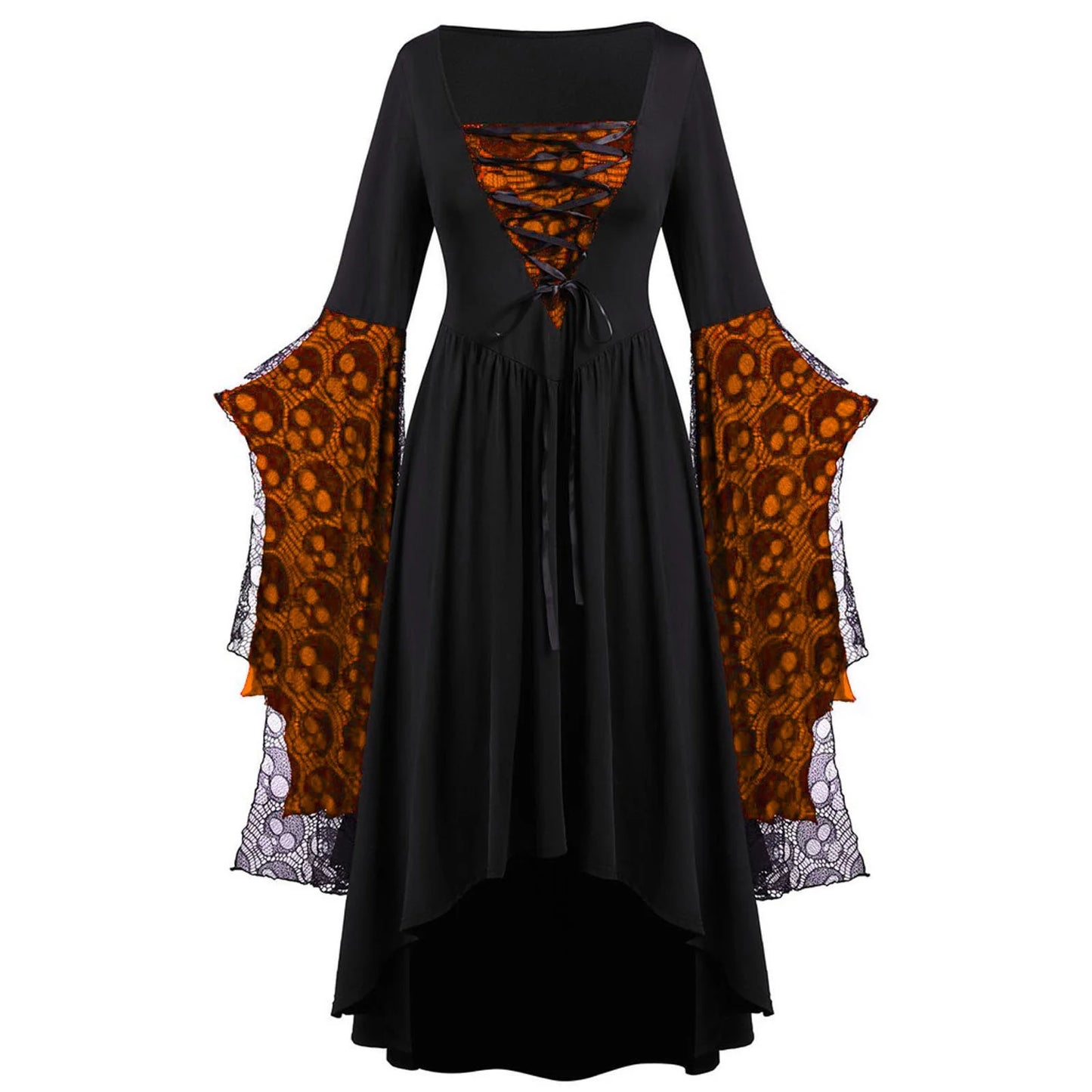 Womens Gothic Dress plus Size Flare Sleeve Dress Skull Lace Print Steampunk Dresses Cocktail Dresses Flowy Goth Corset Dress Maxi Wedding Guest Dresses Fall Savings