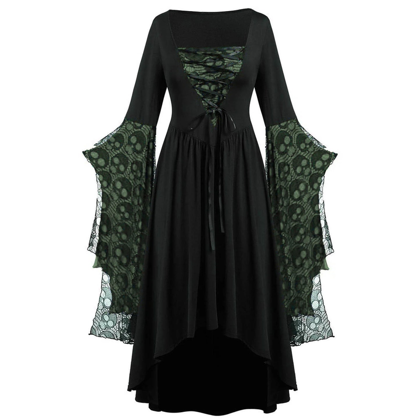 Womens Gothic Dress plus Size Flare Sleeve Dress Skull Lace Print Steampunk Dresses Cocktail Dresses Flowy Goth Corset Dress Maxi Wedding Guest Dresses Holi