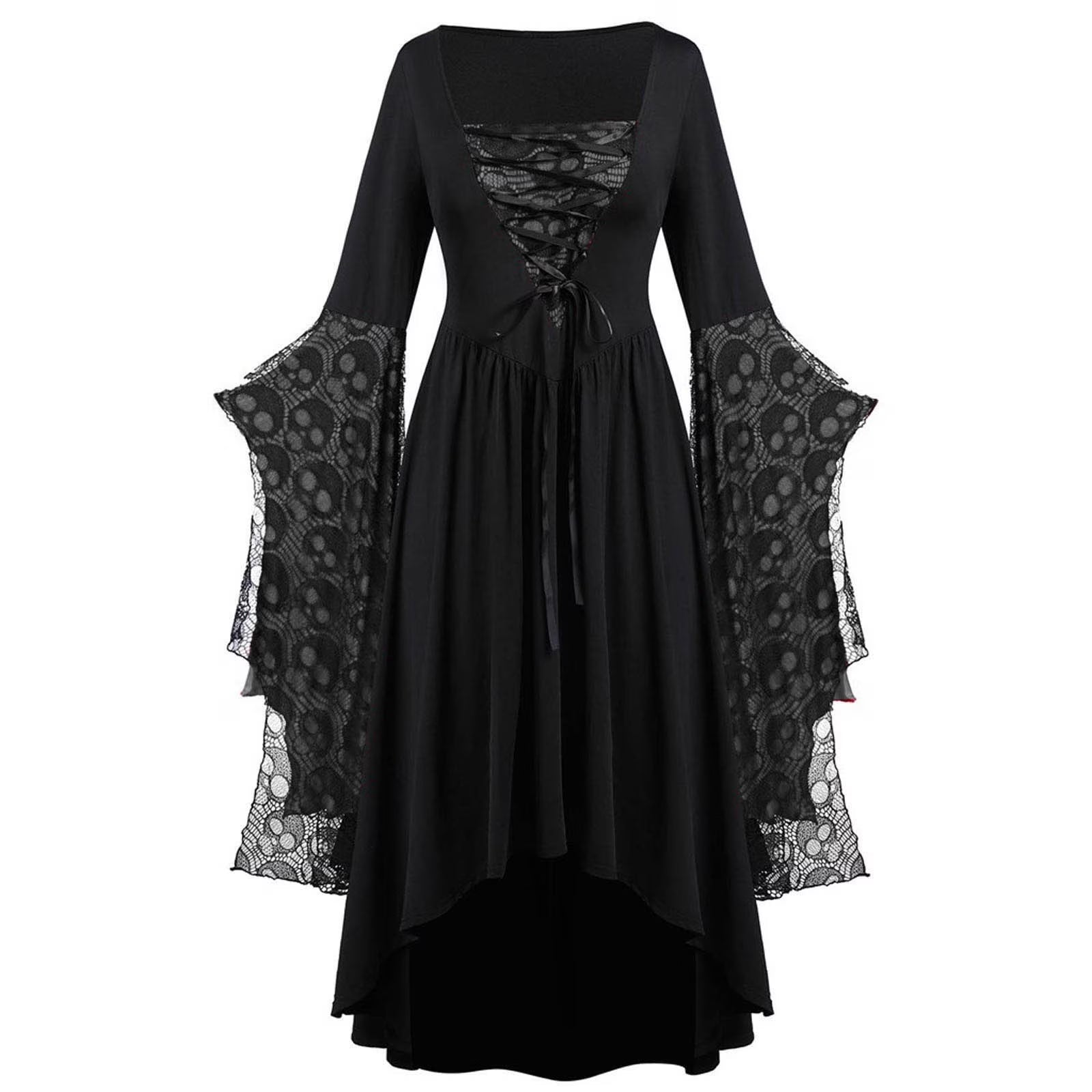 Womens Gothic Dress plus Size Flare Sleeve Dress Skull Lace Print Steampunk Dresses Cocktail Dresses Flowy Goth Corset Dress Maxi Wedding Guest Dresses Fall Savings