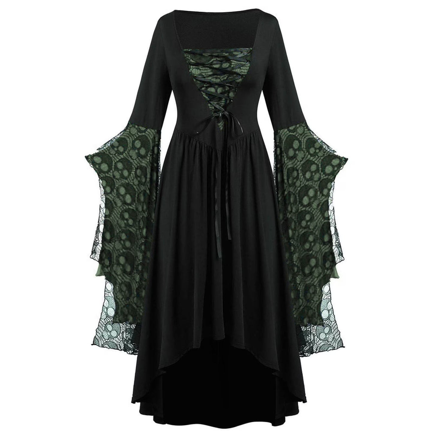 Womens Gothic Dress plus Size Flare Sleeve Dress Skull Lace Print Steampunk Dresses Cocktail Dresses Flowy Goth Corset Dress Maxi Wedding Guest Dresses and Day