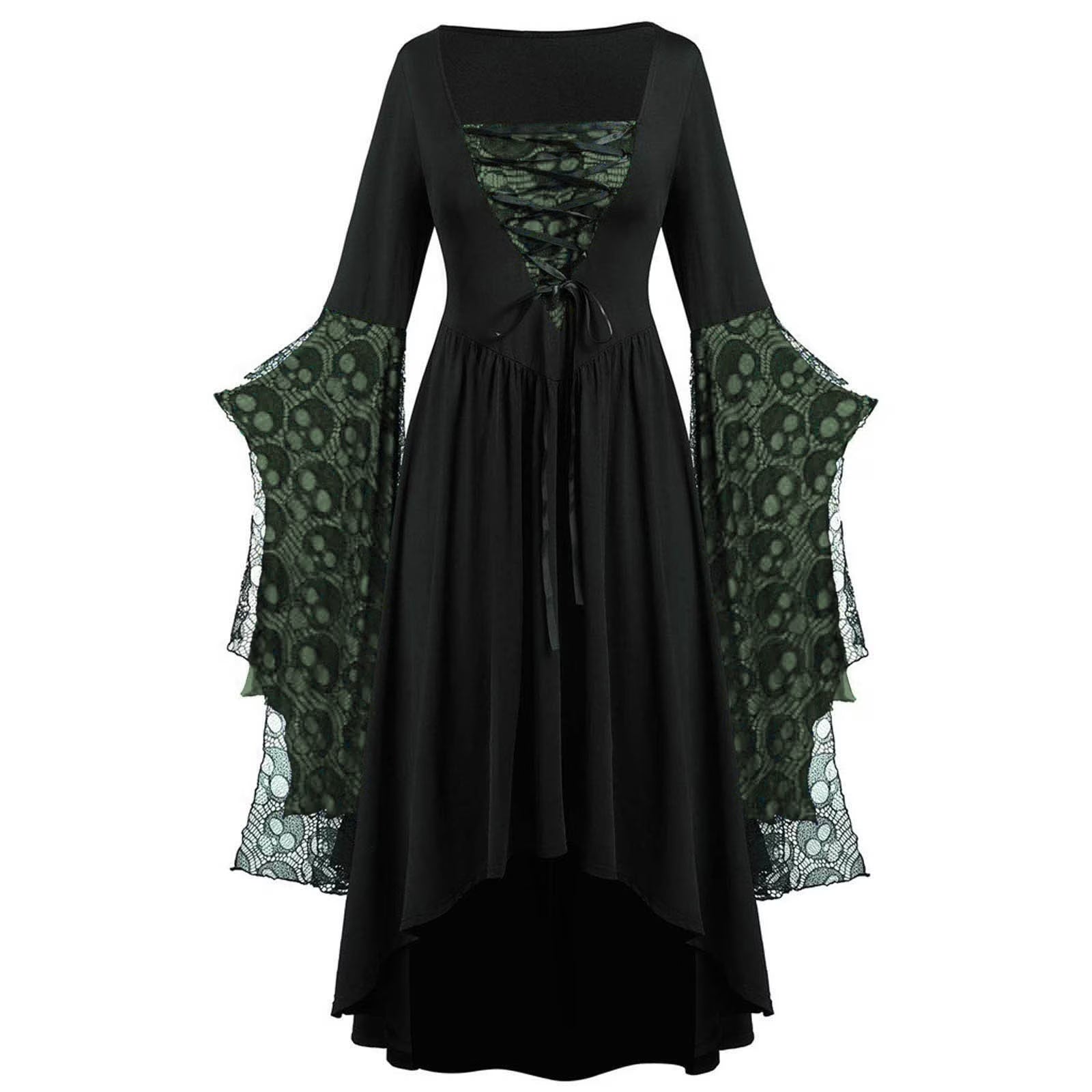 Womens Gothic Dress plus Size Flare Sleeve Dress Skull Lace Print Steampunk Dresses Cocktail Dresses Flowy Goth Corset Dress Maxi Wedding Guest Dresses and Day