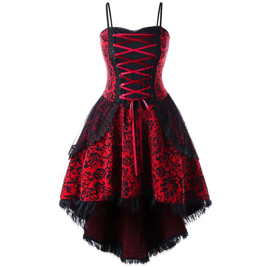 Womens Goth Corset Dress Steampunk Dresses Sleeveless Lace Trim Swing Clothes Spaghetti Strap Cocktail Dress plus Size Masquerade Ball Gowns
