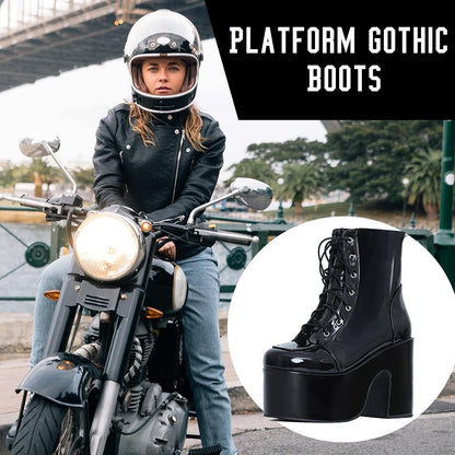 Erocalli Platform Boots Goth Boots for Women Chunky Heeled Combat Goth Boots Buckle Knight Punk Gothic Boots Lace up round Toe Ankle Booties
